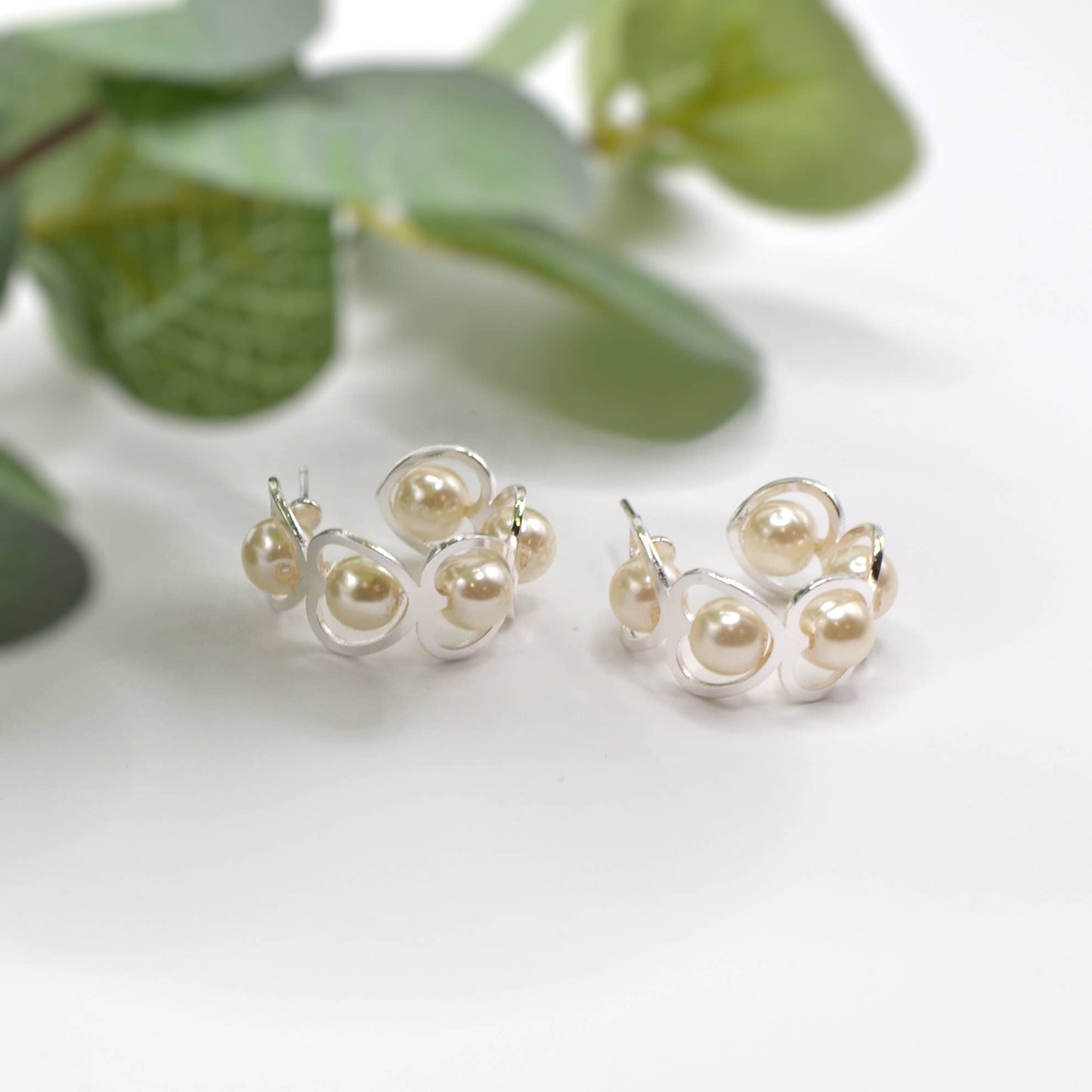 Open Heart Brass C-Cut Stud with Ivory Pearl Bead Earrings