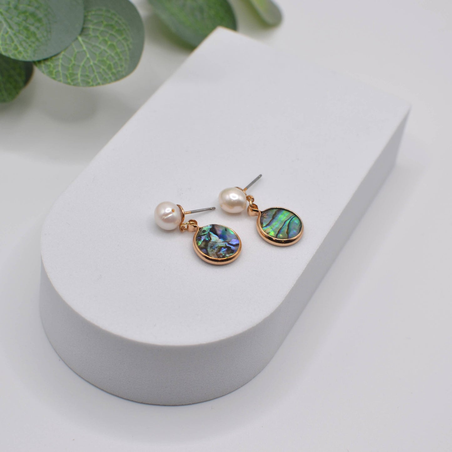 Fresh Water Pearl Round Abalone Shell Two Link Earrings