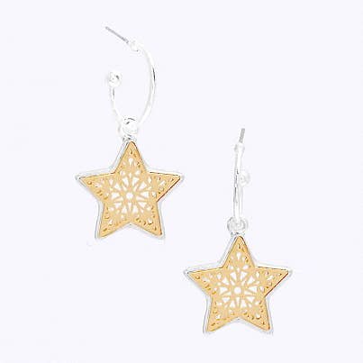 Star Filigree Drop C Hoop Two Tone Plating Earrings