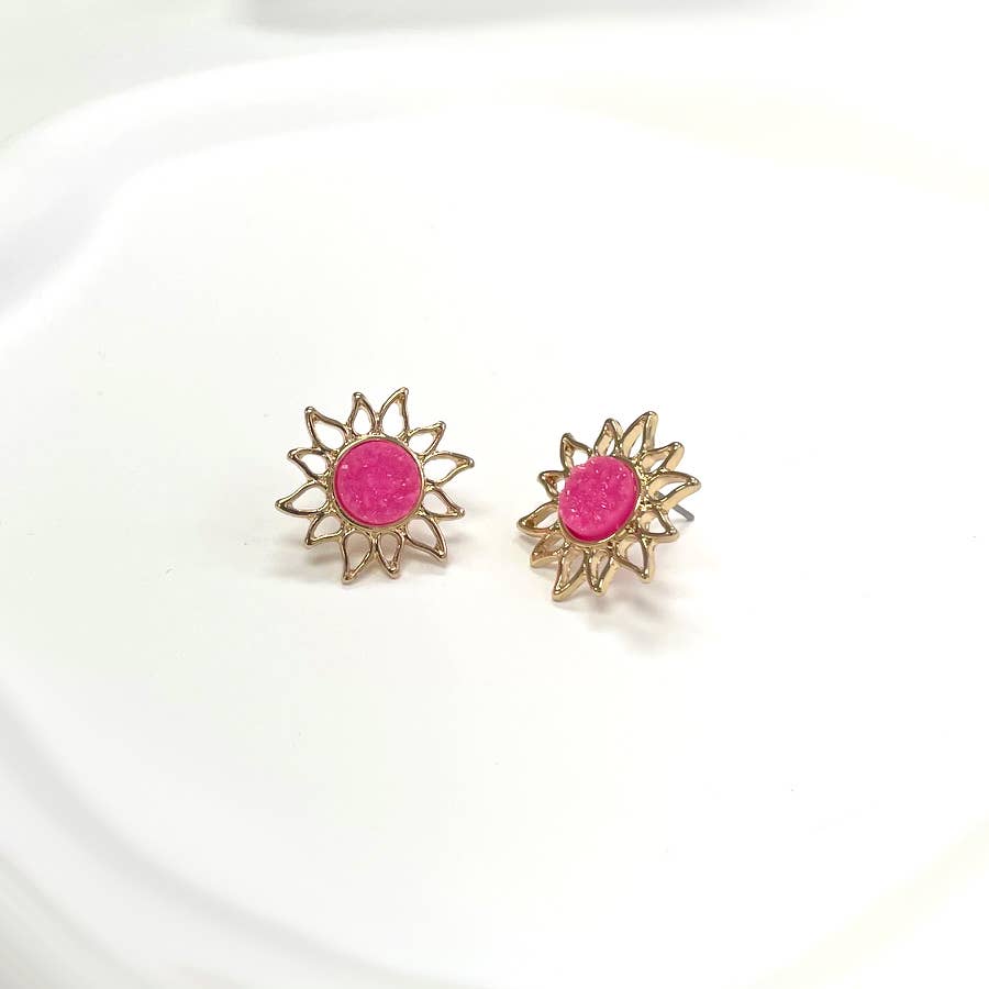 Resin Druzy Stone Sunburst Button Post Boho Vibe Earring