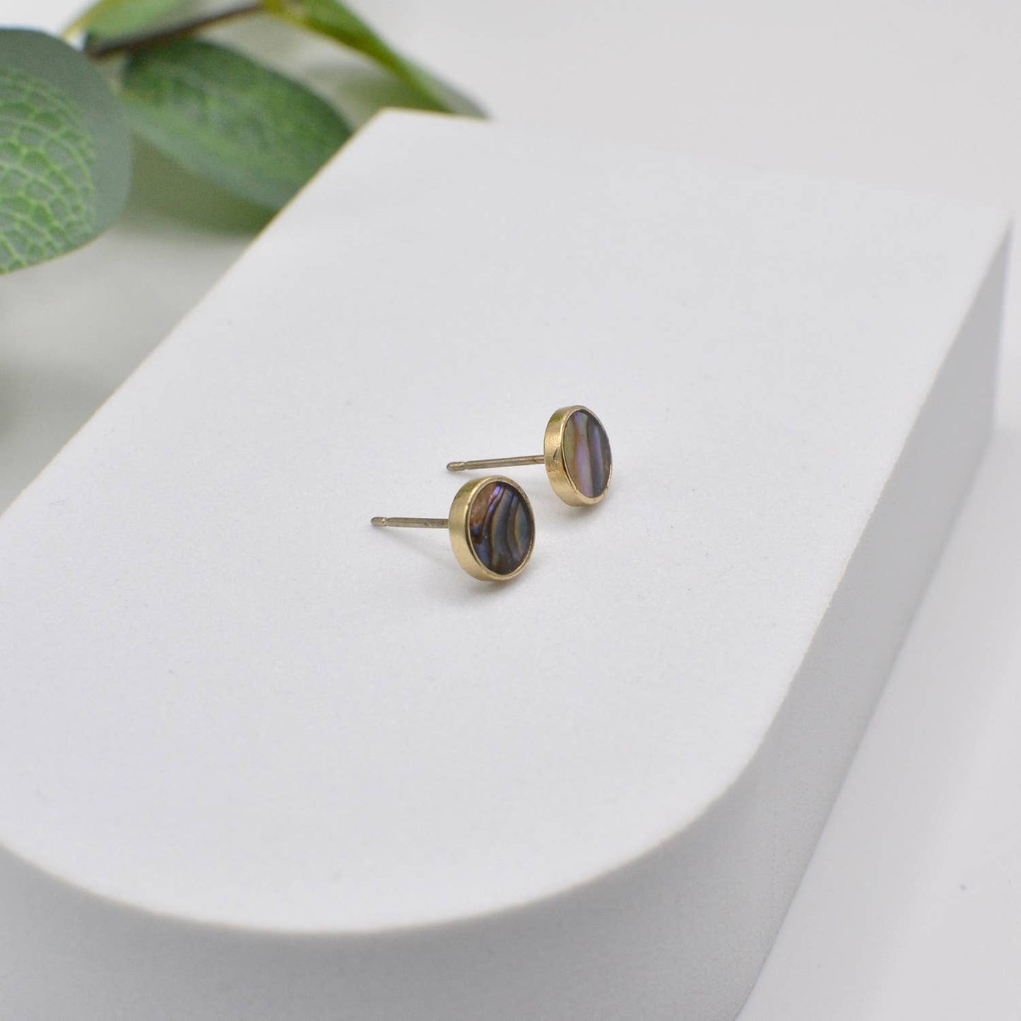 Abalone Round Button Brass Stud Earring