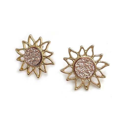 Resin Druzy Stone Sunburst Button Post Boho Vibe Earring