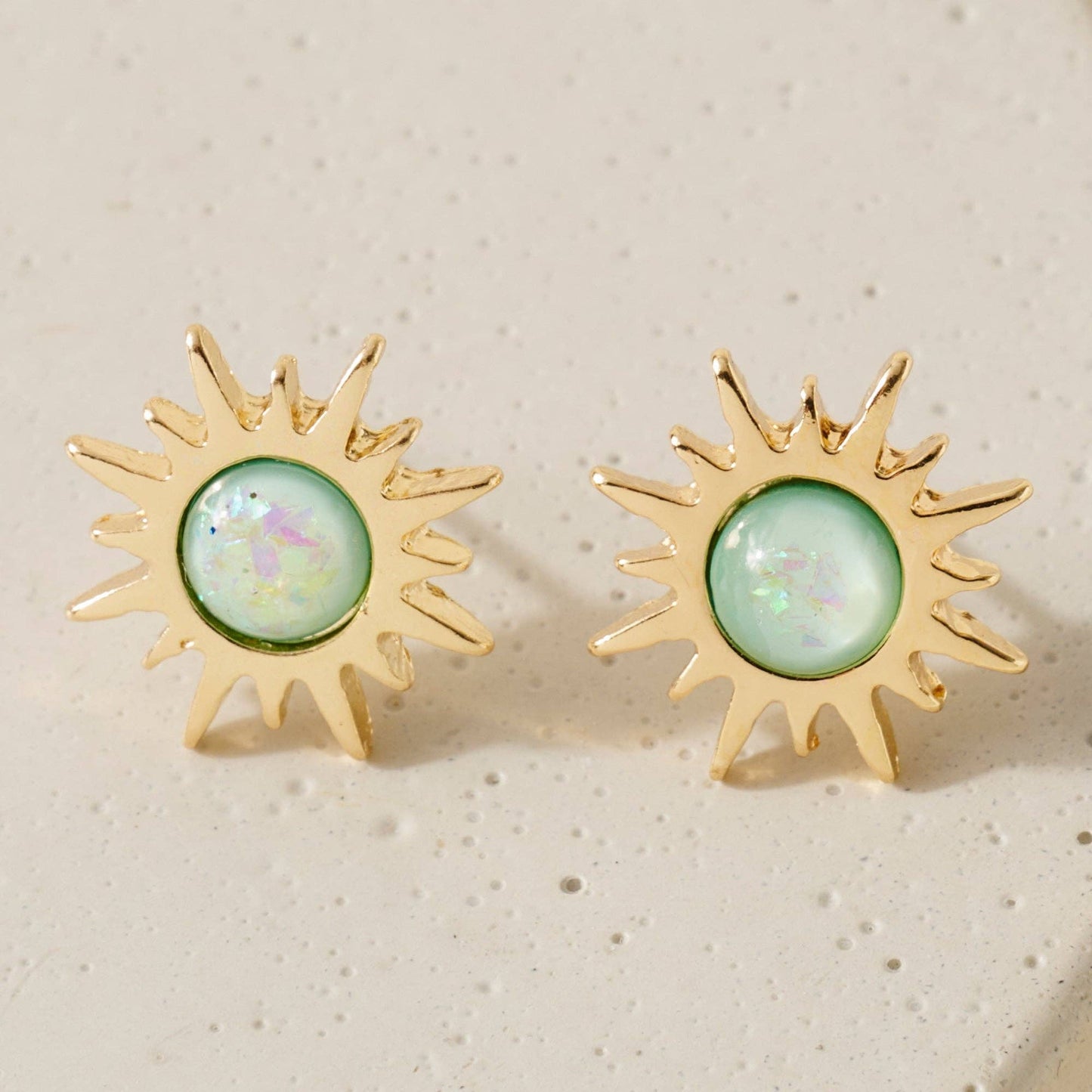 Sunburst Brass with Opal Bead Stud Earrings