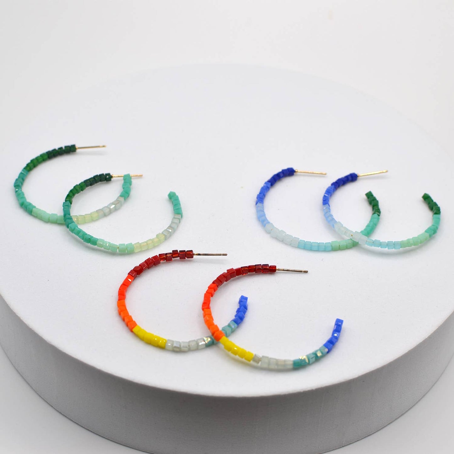 Glass Multi Bead C Hoop Earrings Light-weight Fashion Color