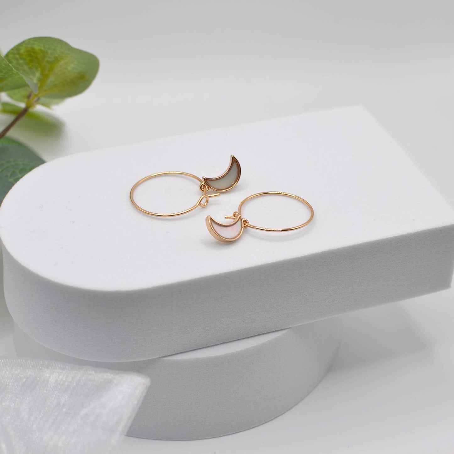 Crescent Moon Drop Hoop Earrings Abalone mother of pearl