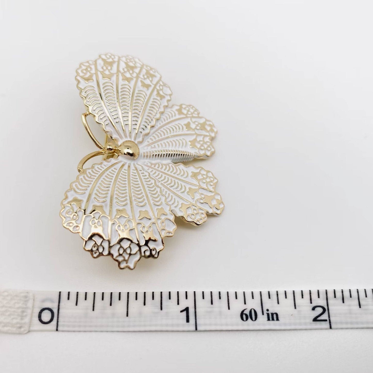 Vintage Enamel White Butterfly 14K Gold Plated Brooch