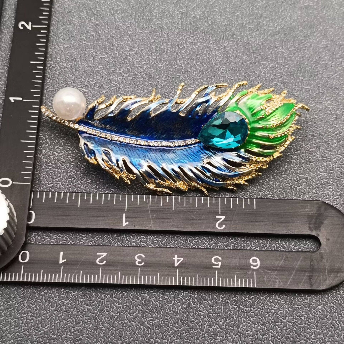 Inlaid Glass & Pearl Enamel Metal Feather Brooch