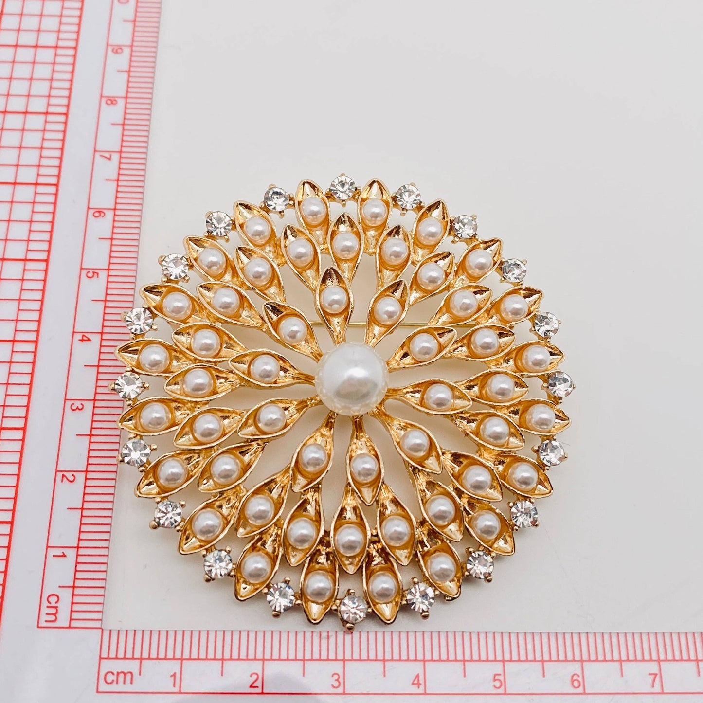 White Bead Rhinestone Large Flower Metal Brooch