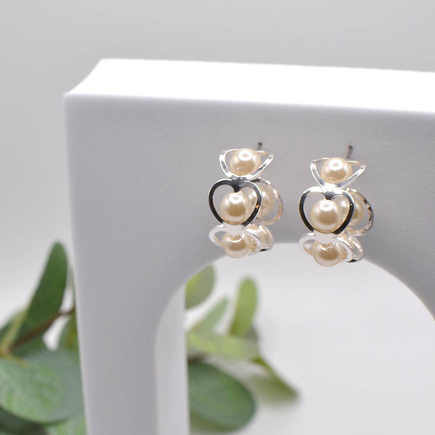 Open Heart Brass C-Cut Stud with Ivory Pearl Bead Earrings