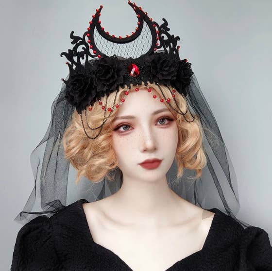 Gothic Wedding Black Lace Red Rose Veil