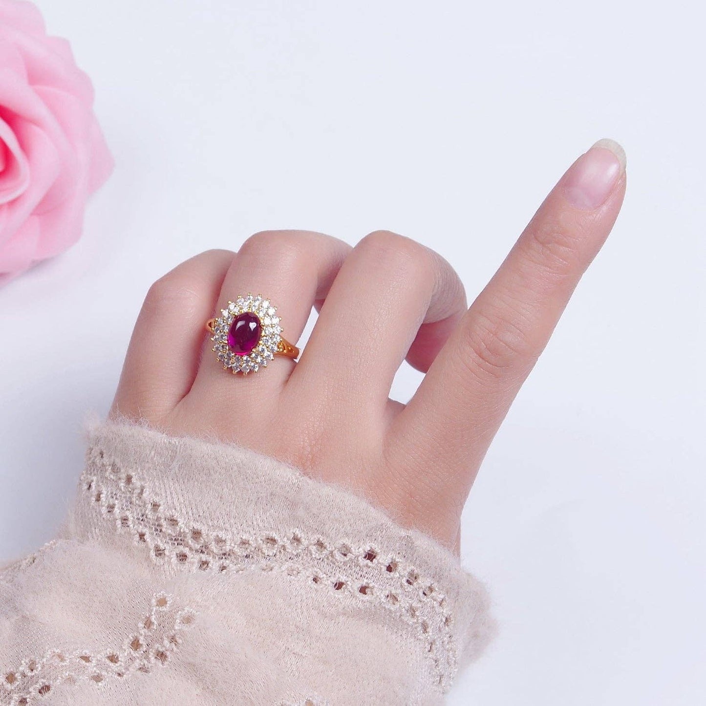 Oval Fuchsia Pink Jade Sunflower Ring