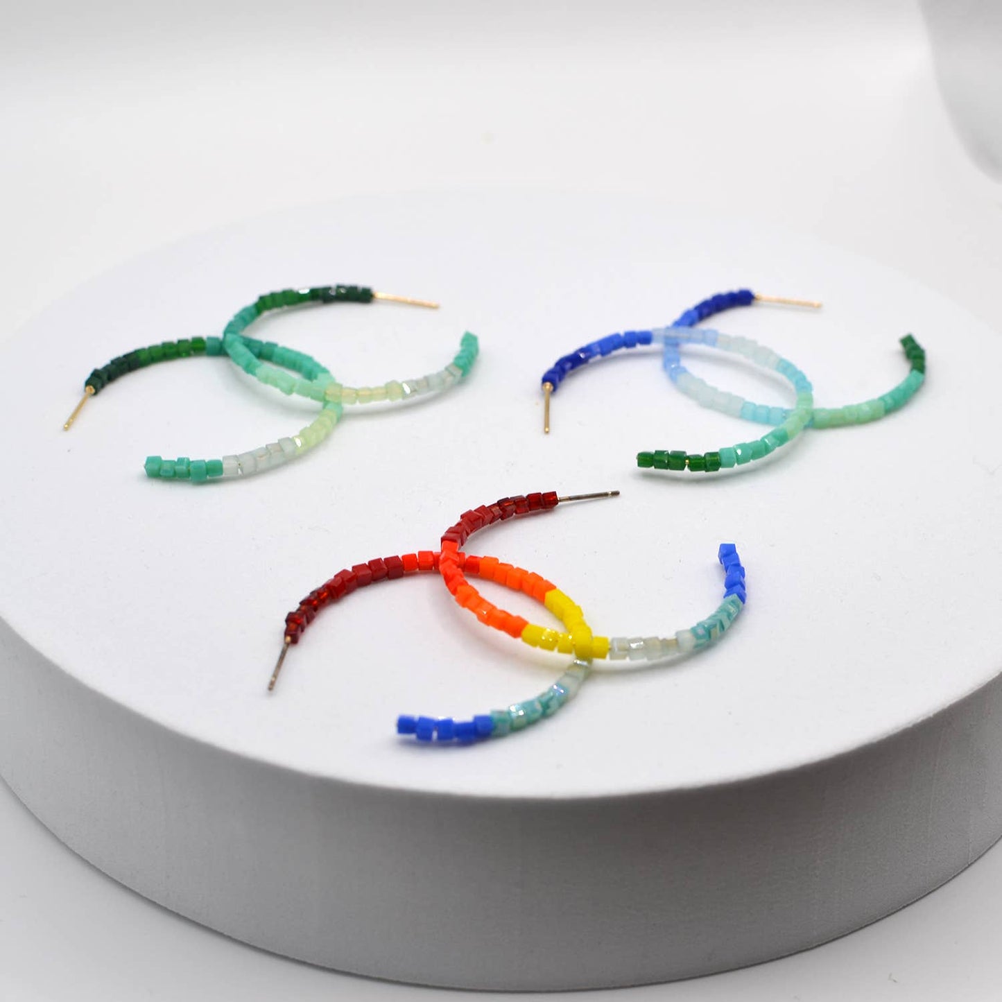 Glass Multi Bead C Hoop Earrings Light-weight Fashion Color