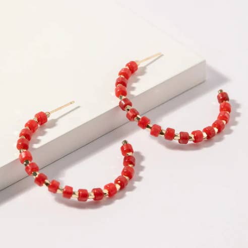 Barrel Semi-Precious Stone C Hoop Earrings