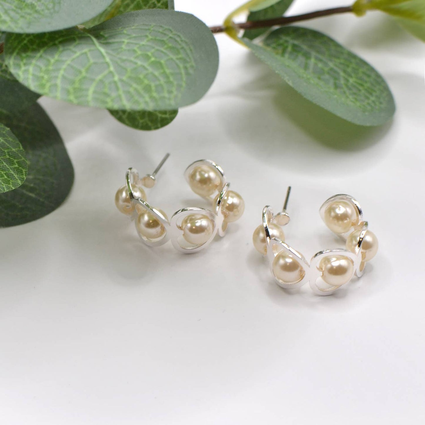 Open Heart Brass C-Cut Stud with Ivory Pearl Bead Earrings
