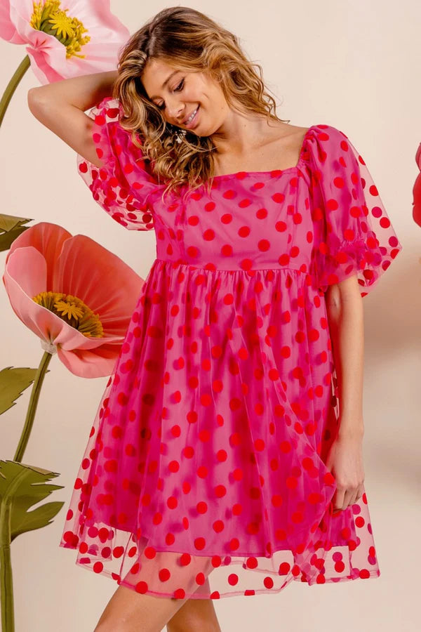 BiBi Polka Dot Mesh Puff Sleeve Dress Delight