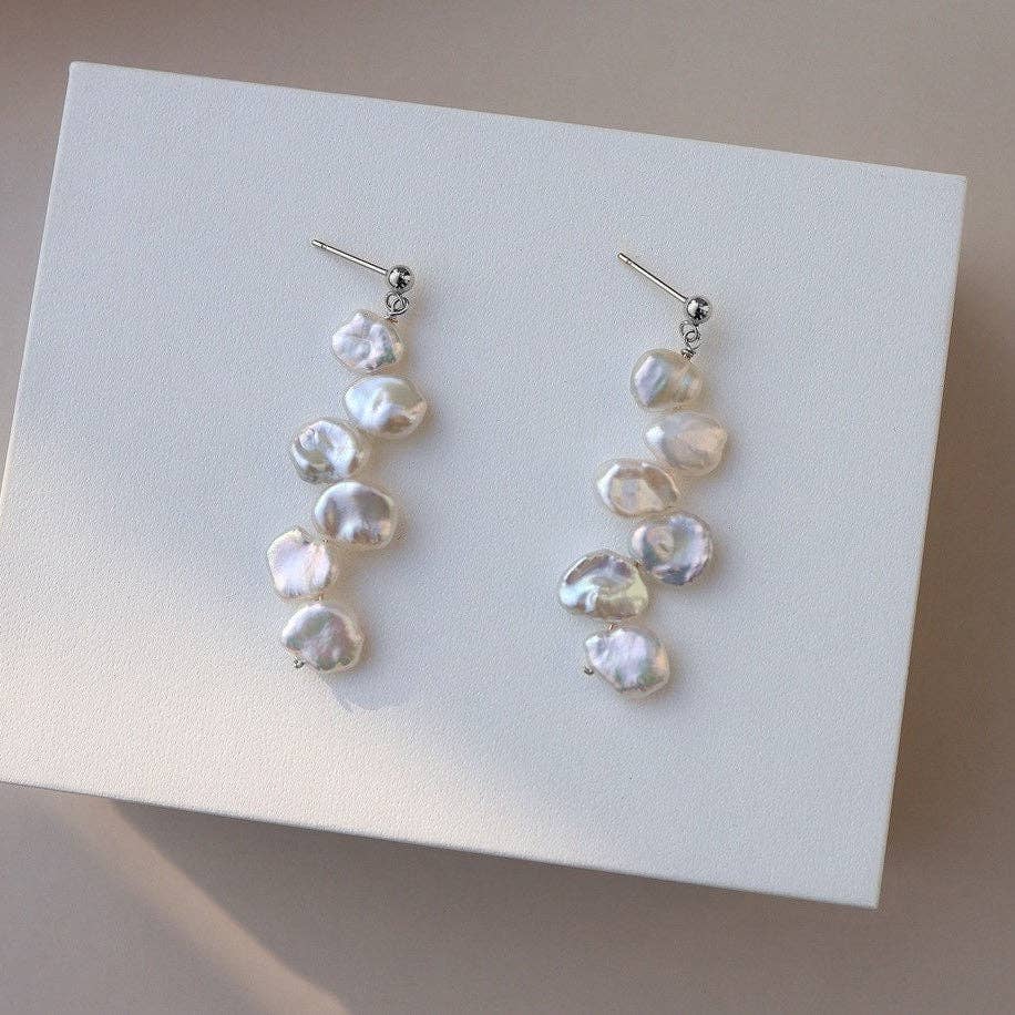 18K Gold Natural Keshi 6-8mm Baroque Pearls Flat Side Flora Earrings