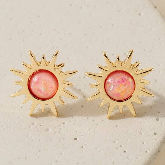 Sunburst Brass with Opal Bead Stud Earrings