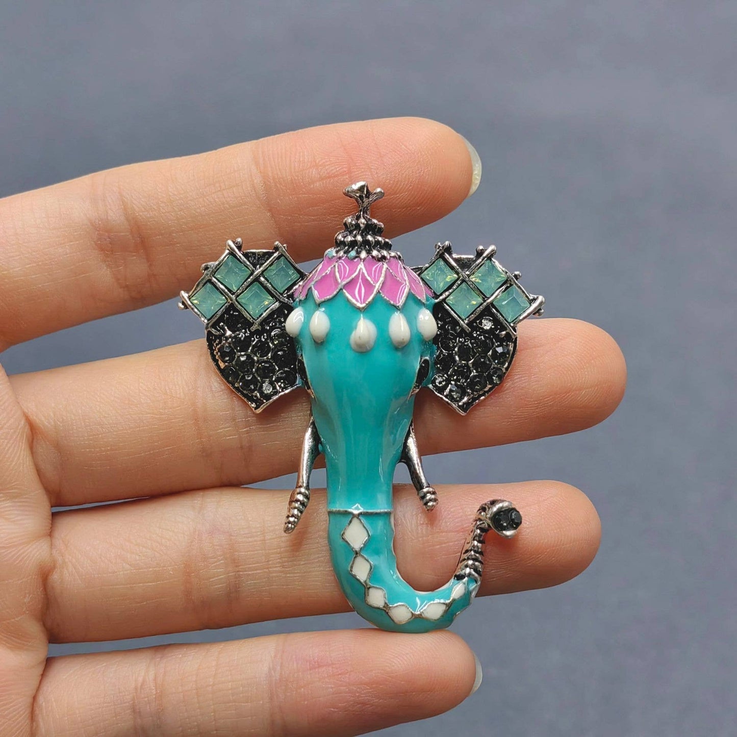 Vintage Indian Style Enamel Elephant Head Brooch