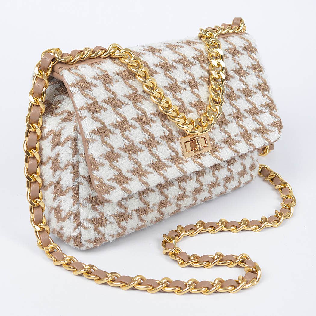 Quilted Tweed Houndstooth Chain Shoulder Bag