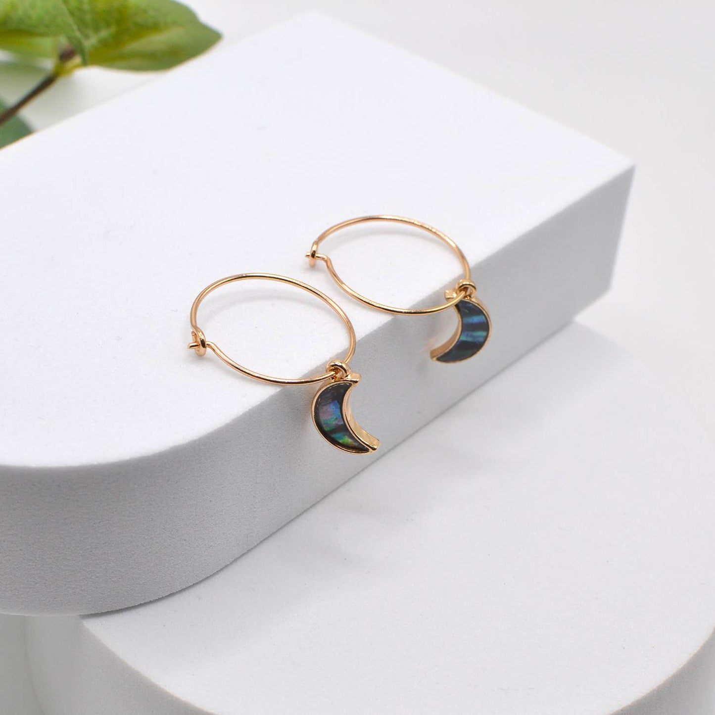 Crescent Moon Drop Hoop Earrings Abalone mother of pearl