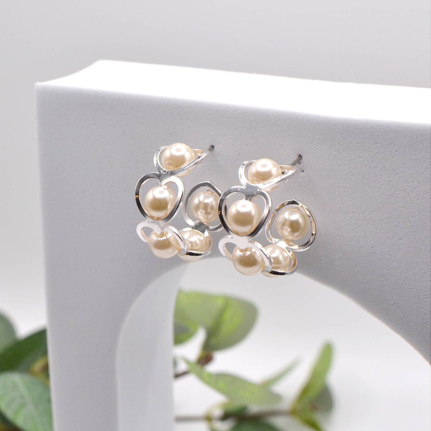 Open Heart Brass C-Cut Stud with Ivory Pearl Bead Earrings