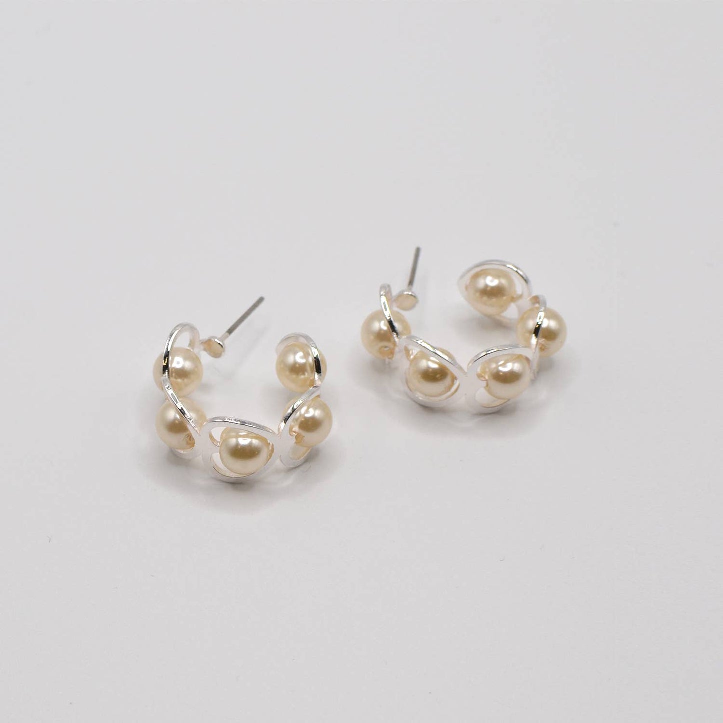 Open Heart Brass C-Cut Stud with Ivory Pearl Bead Earrings