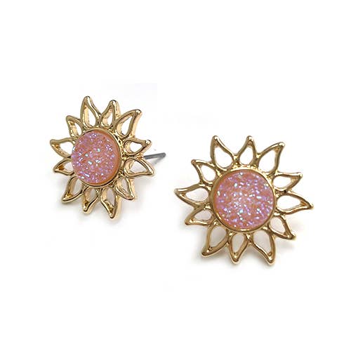 Resin Druzy Stone Sunburst Button Post Boho Vibe Earring