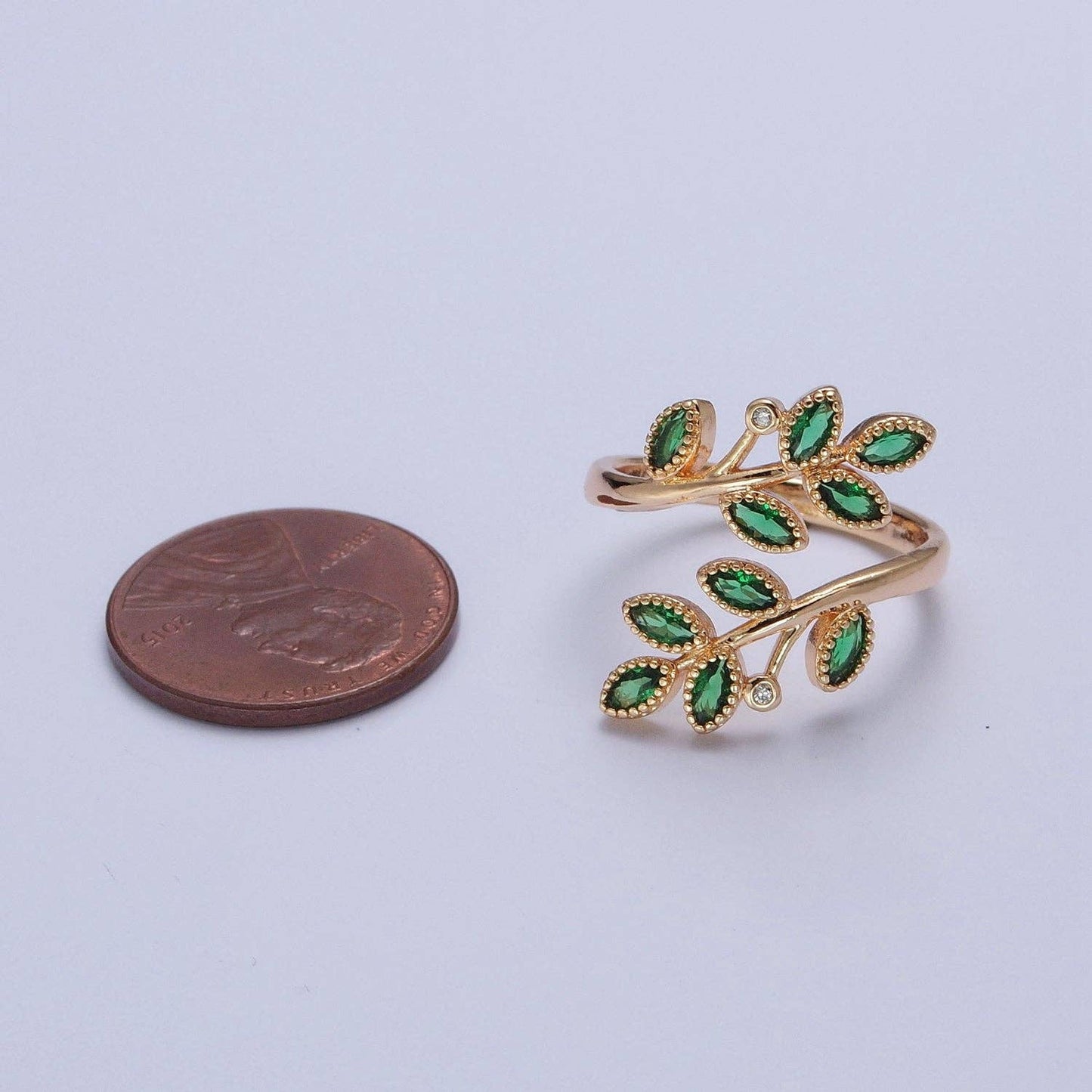 Gold Olive Leaf Ring Green Pave Adjustable Ring