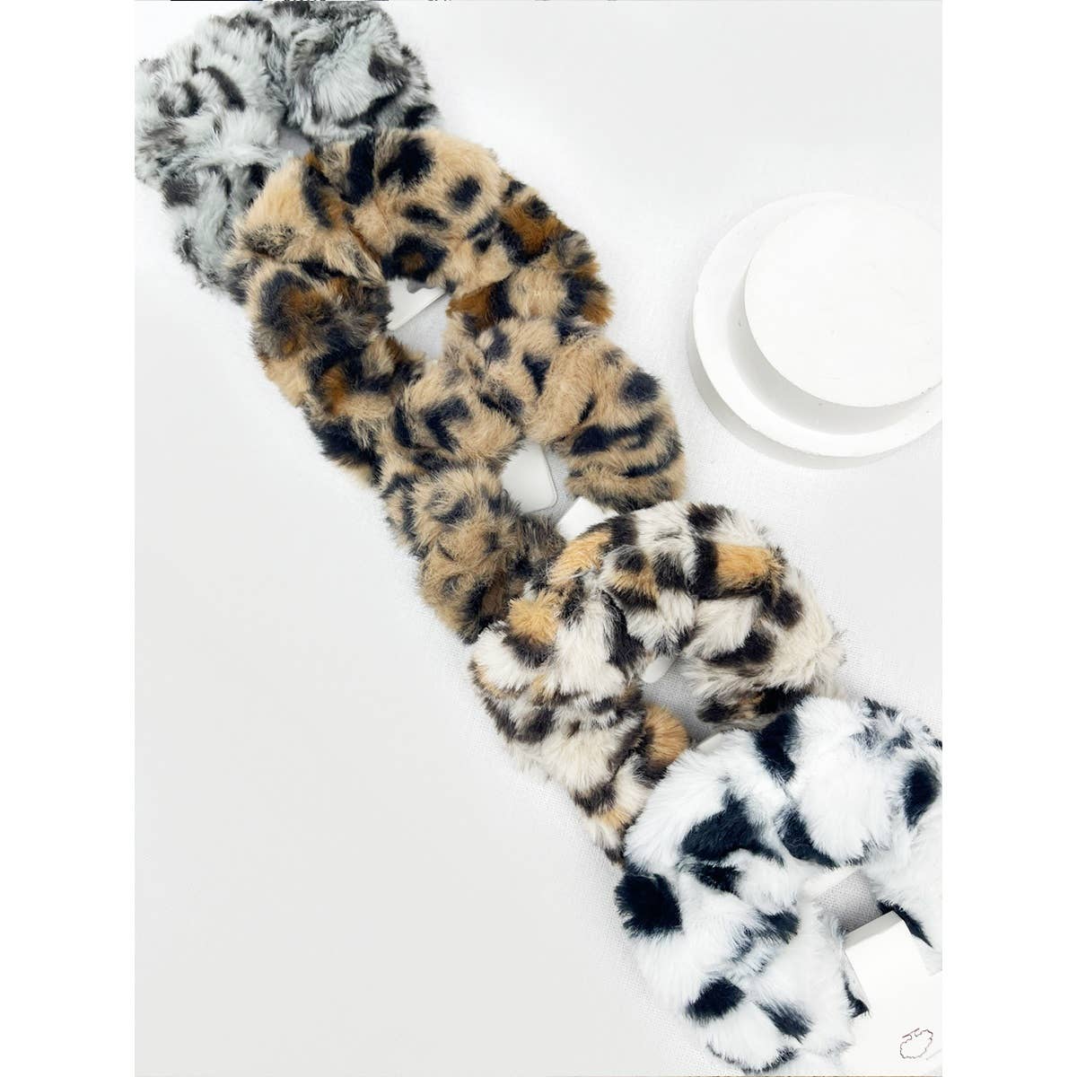 Large Leopard Faux Fur Hair Scrunchies 5pc Set