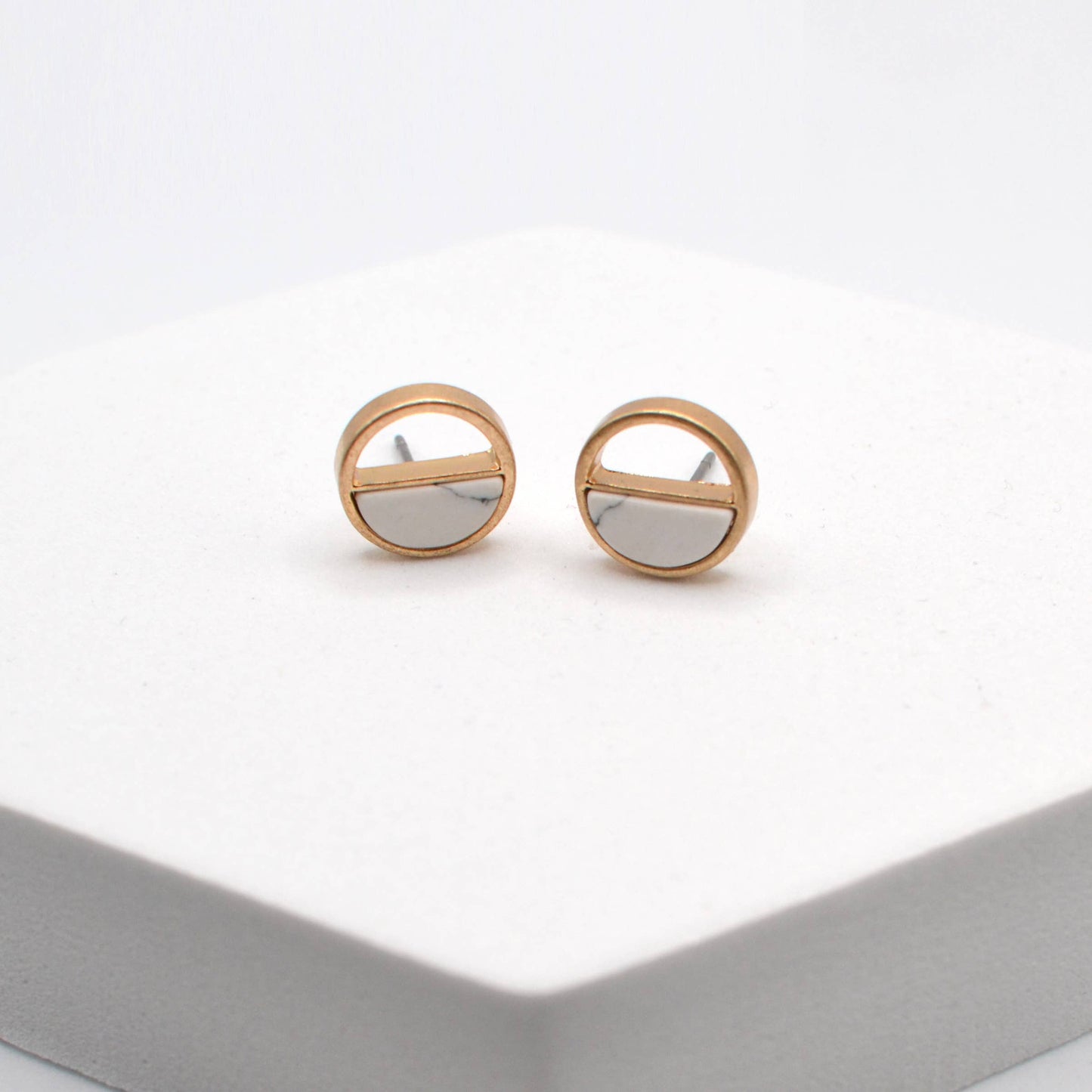 Howlite Stud Earrings Round Cut Brushed Button Earrings