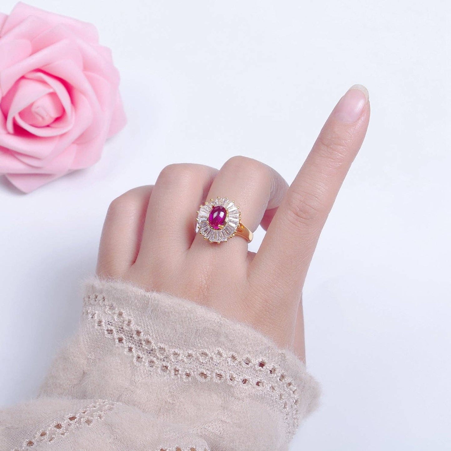 24K Gold Filled Fuchsia Pink Jade Ring, Round Baguette CZ Zirconia O-768