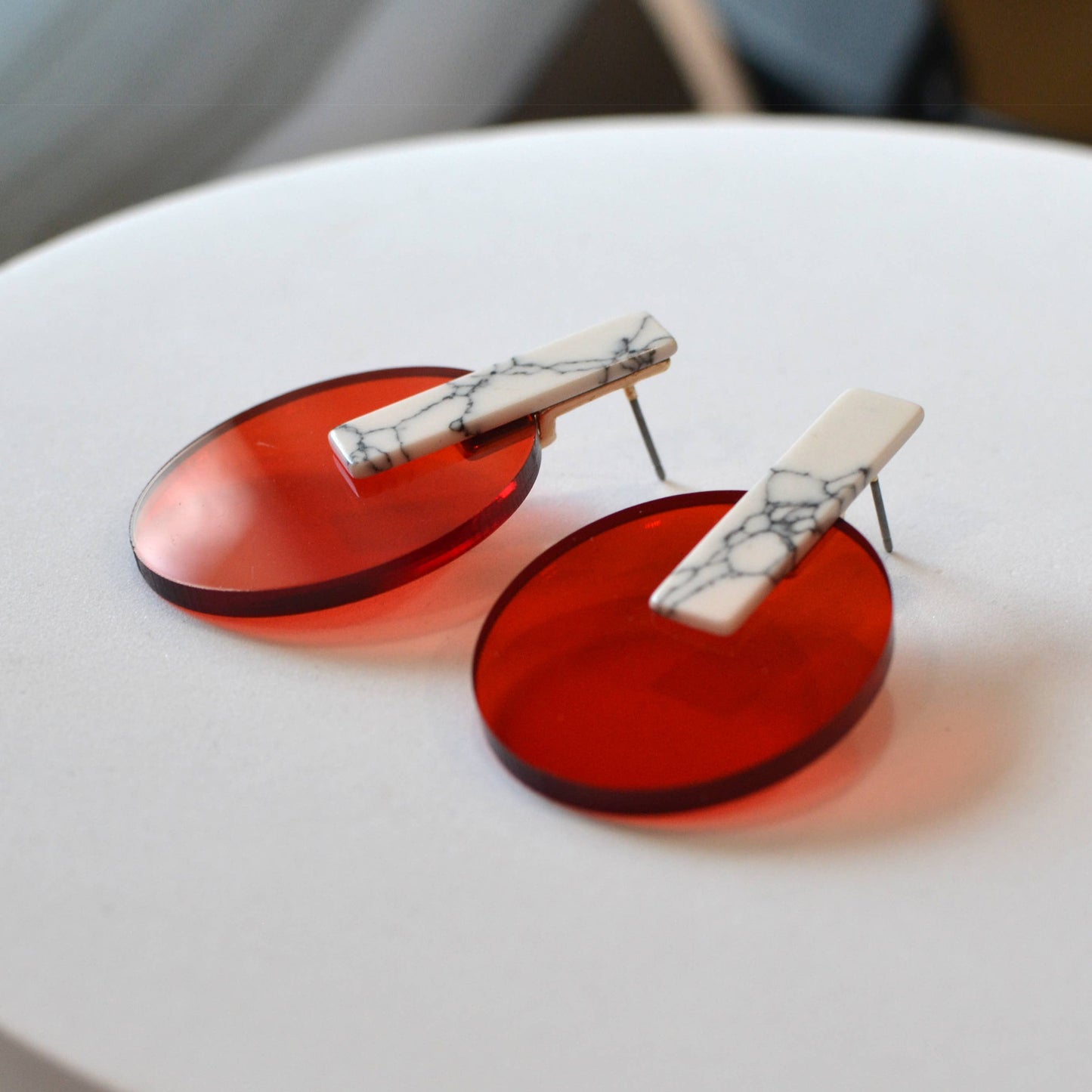 Oval Acrylic with Marble Stone Stud Earrings