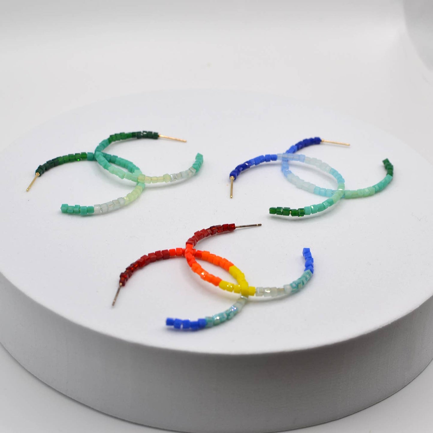 Glass Multi Bead C Hoop Earrings Light-weight Fashion Color