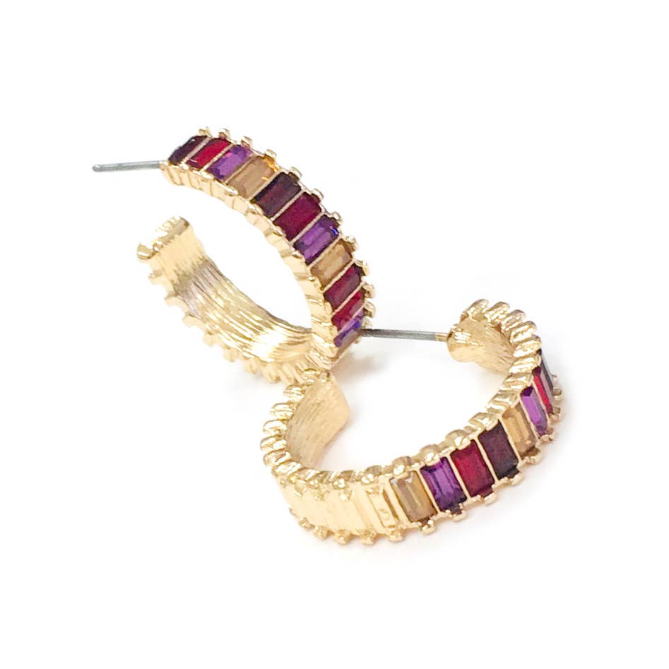 Baguette Stone Bead Tonal Color Hoop Post Earrings