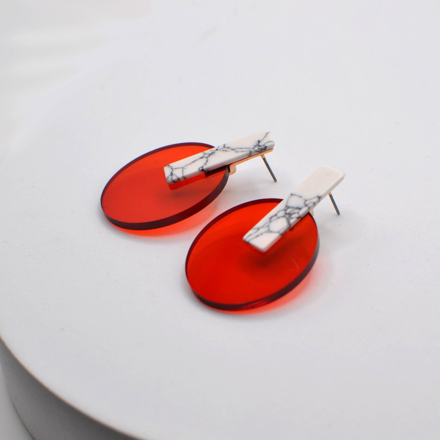 Oval Acrylic with Marble Stone Stud Earrings