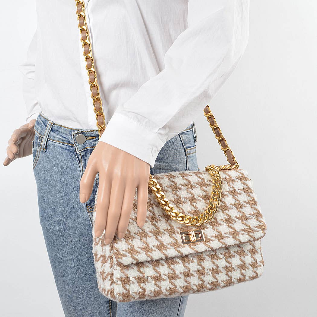 Quilted Tweed Houndstooth Chain Shoulder Bag