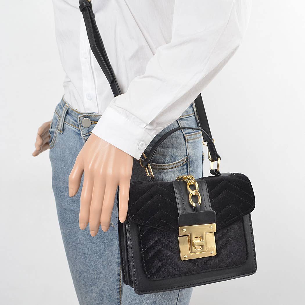 Rose Manor Velvet Satchel | Quilted Velvet Pu Trim Bag