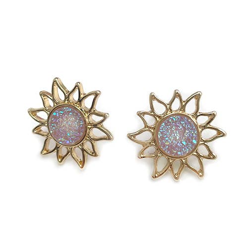 Resin Druzy Stone Sunburst Button Post Boho Vibe Earring