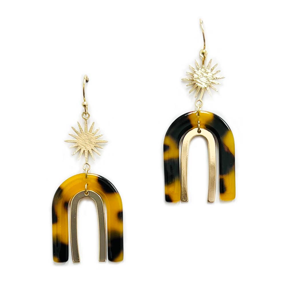 Sunburst Metal Top with Acetate Arch Boho Dangle Earrings