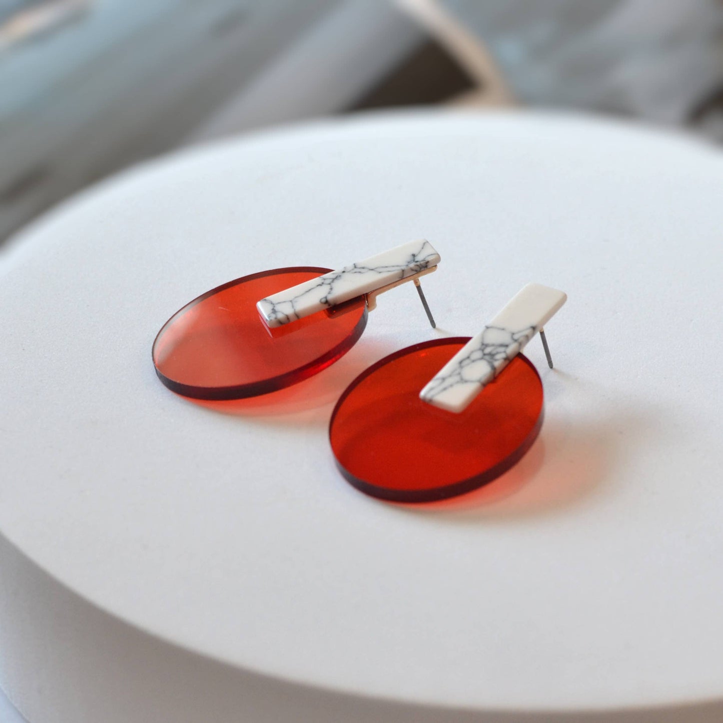 Oval Acrylic with Marble Stone Stud Earrings