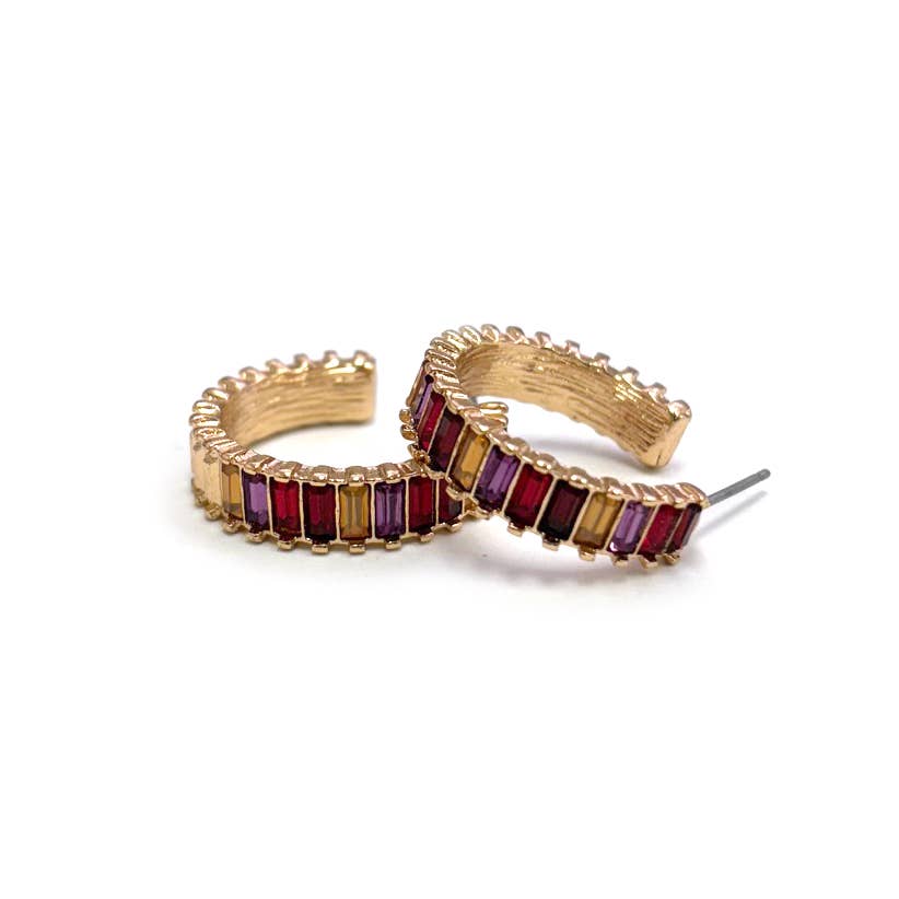 Baguette Stone Bead Tonal Color Hoop Post Earrings