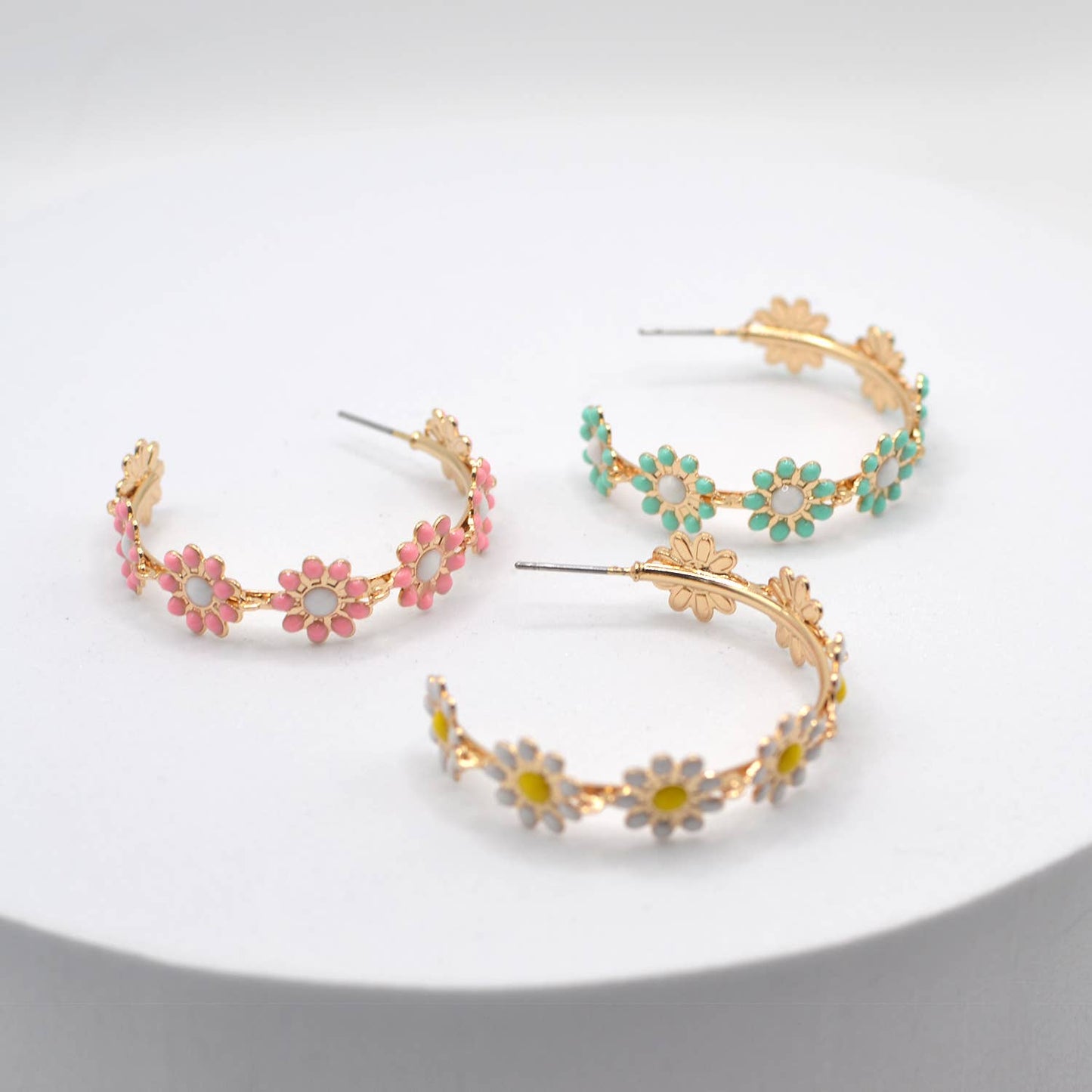 Flower Color Enamel Floral Epoxy Hoop Earrings