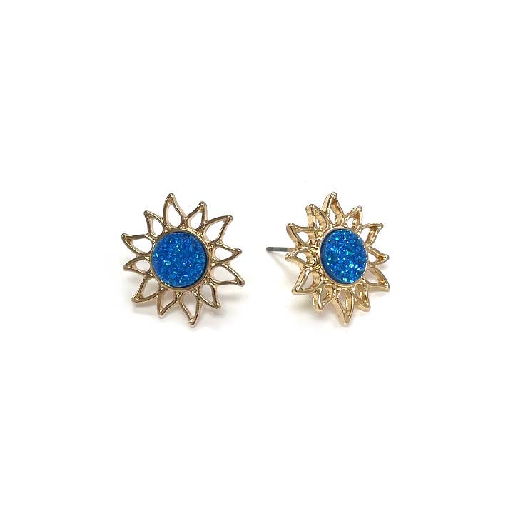 Resin Druzy Stone Sunburst Button Post Boho Vibe Earring