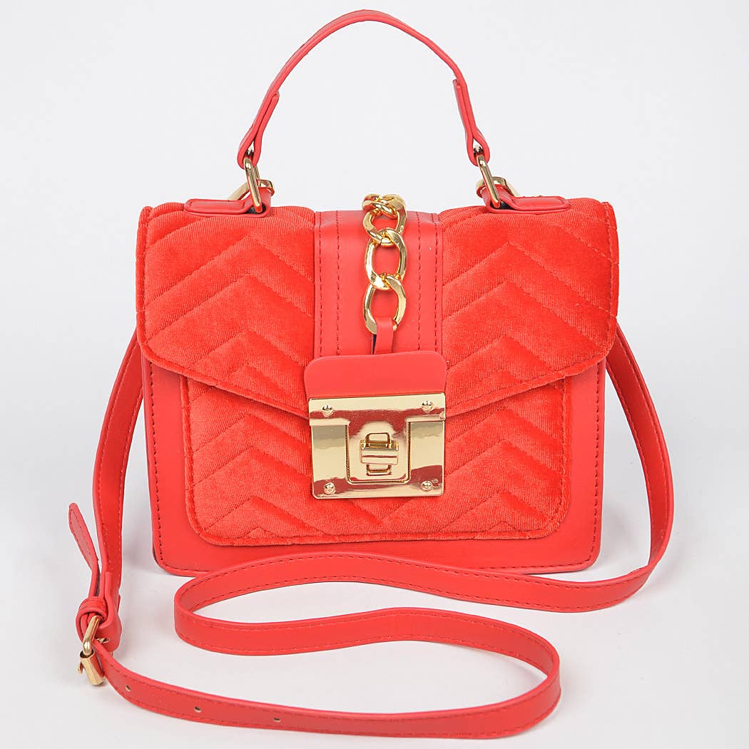 Rose Manor Velvet Satchel | Quilted Velvet Pu Trim Bag