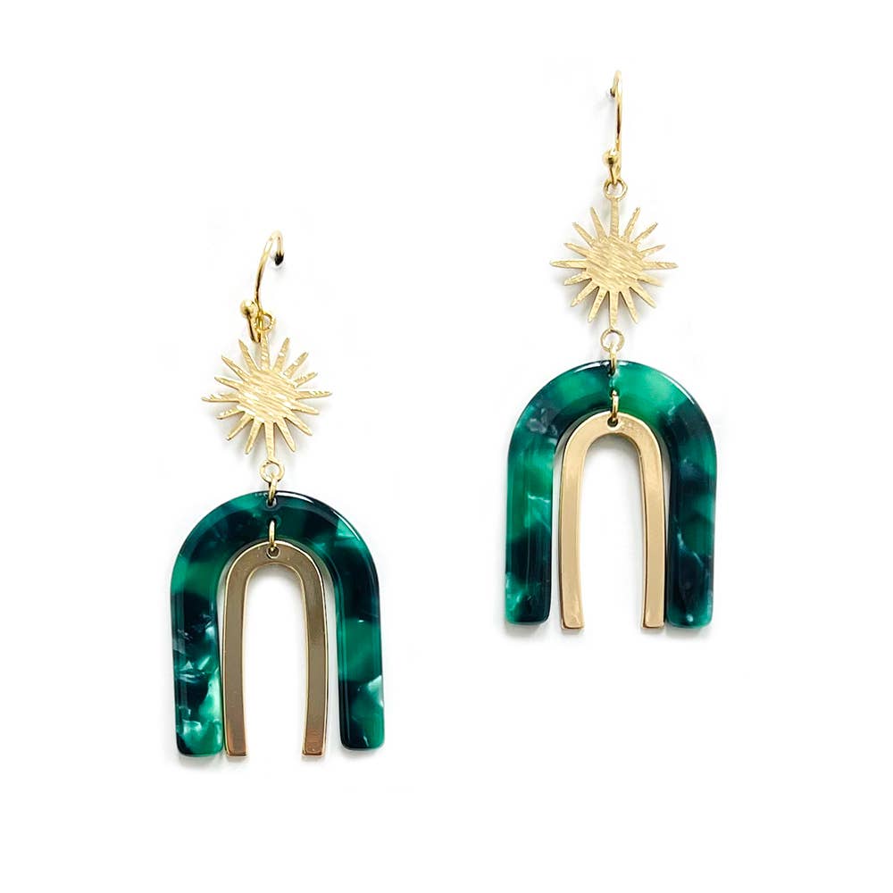Sunburst Metal Top with Acetate Arch Boho Dangle Earrings