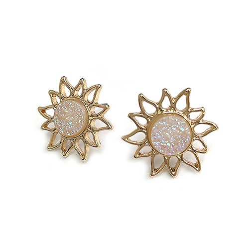 Resin Druzy Stone Sunburst Button Post Boho Vibe Earring