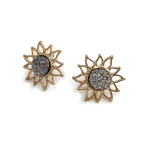 Resin Druzy Stone Sunburst Button Post Boho Vibe Earring