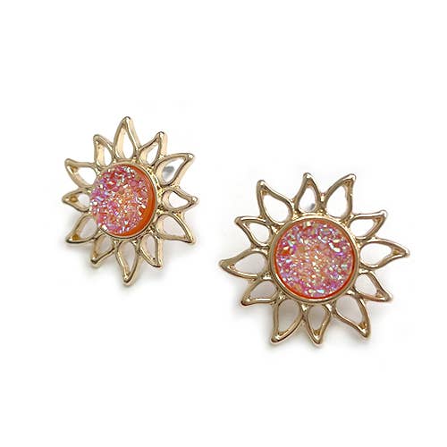 Resin Druzy Stone Sunburst Button Post Boho Vibe Earring