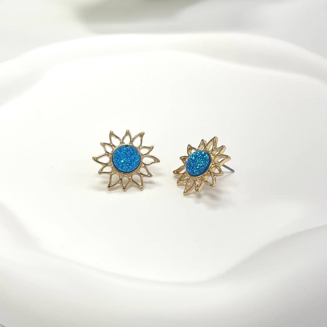 Resin Druzy Stone Sunburst Button Post Boho Vibe Earring