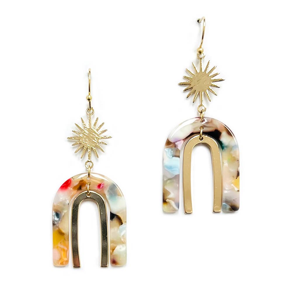 Sunburst Metal Top with Acetate Arch Boho Dangle Earrings